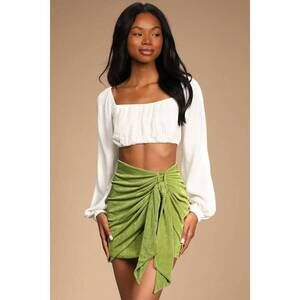 NWT Lulus Beachside Party Shiny Green Ruched Tie-front Mini Skirt XS